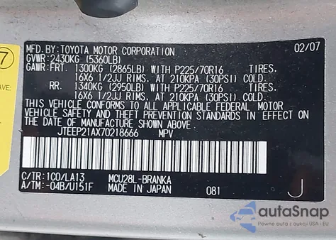 2007 Toyota Highlander V6 from USA, damaged, VIN JTEEP21AX70218666